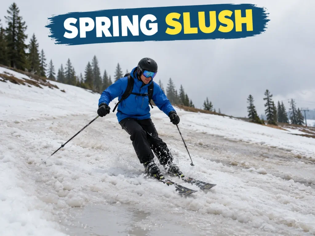 Skier in wet spring slush conditions