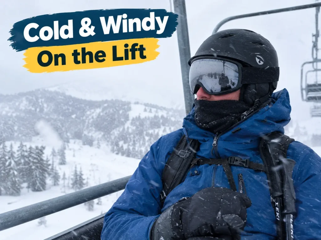 Skier on a chairlift in cold windy conditions