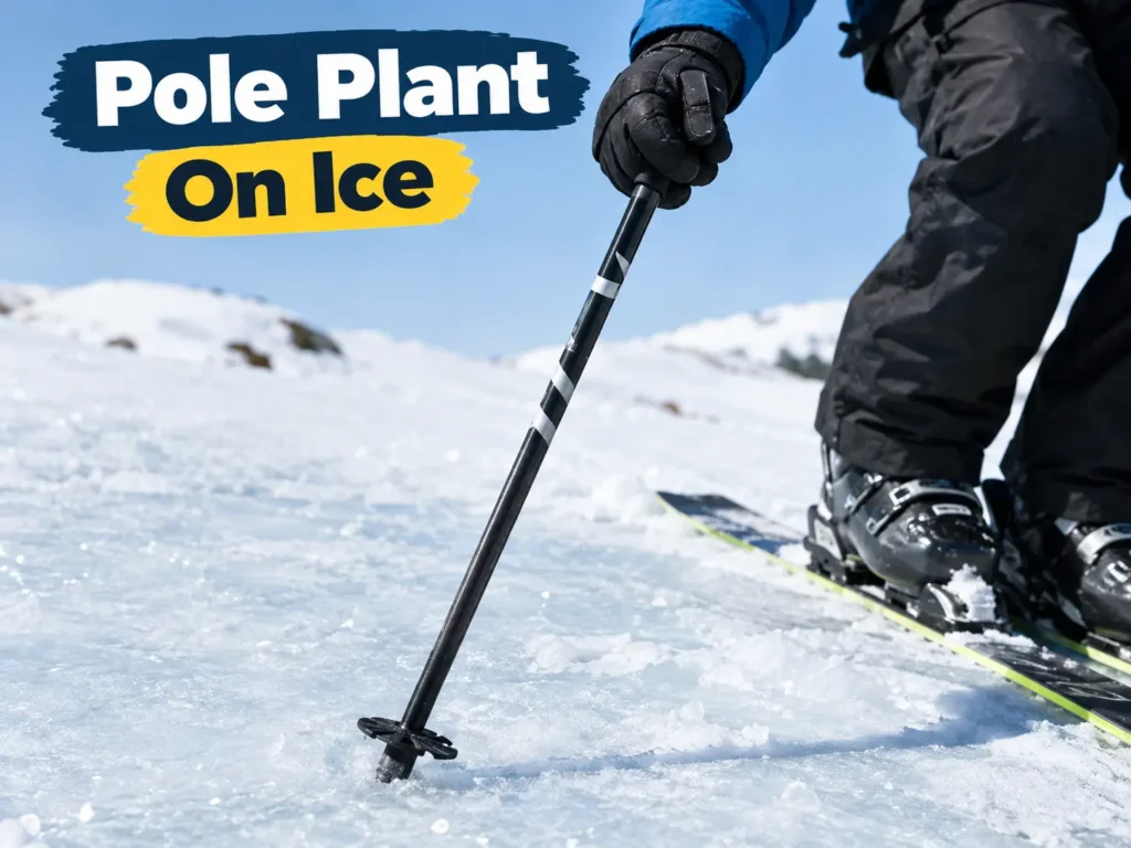 Skier planting a ski pole on icy terrain