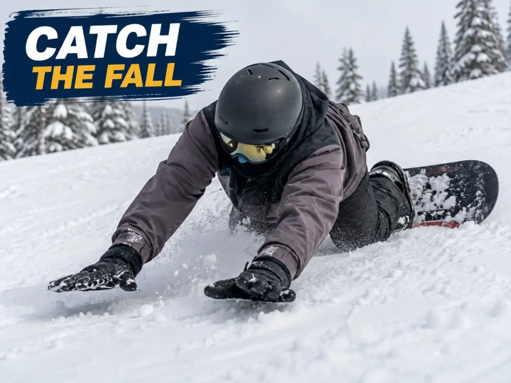 Snowboarder falling with hands out to catch a fall