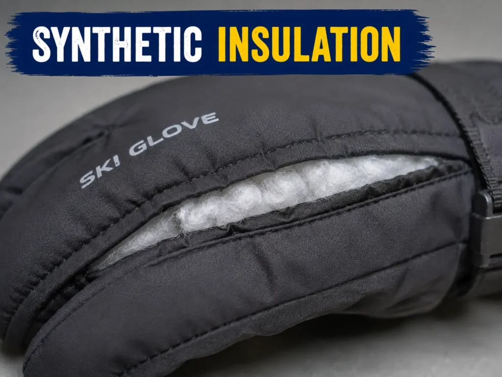 Synthetic insulation fill inside a ski glove