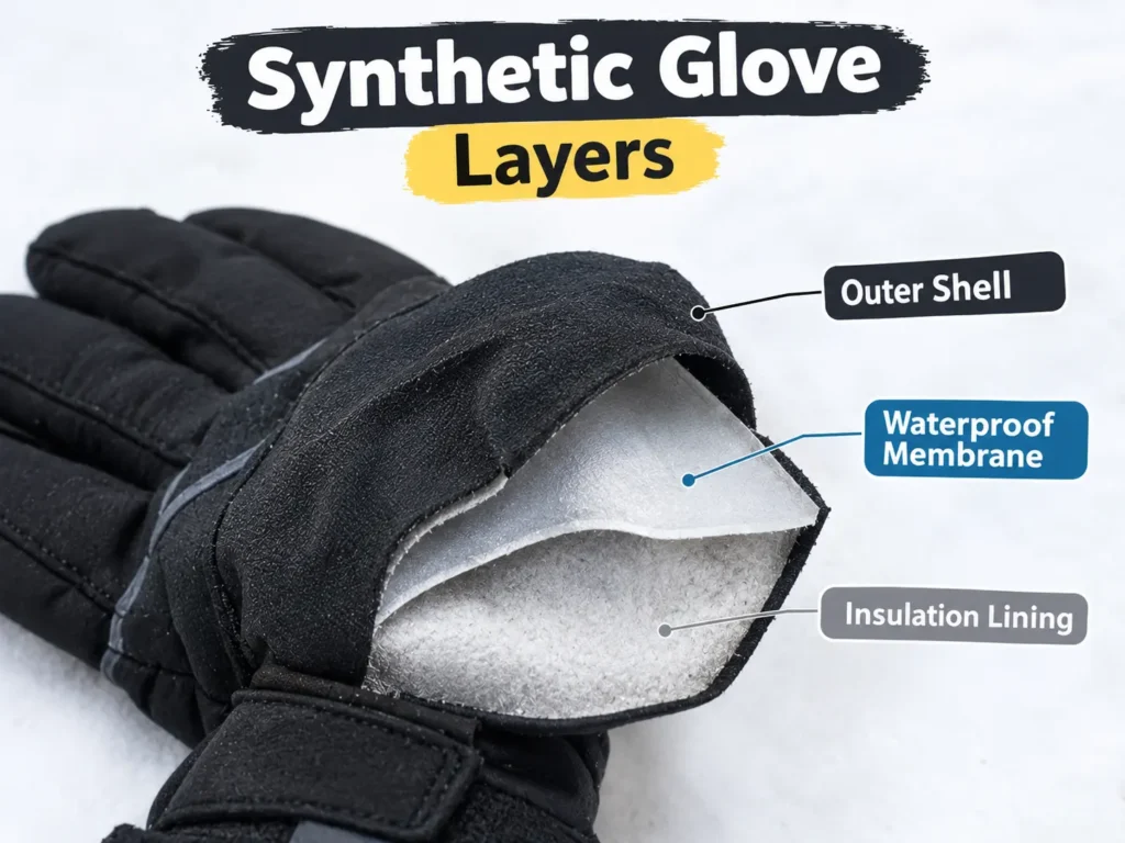 Synthetic ski glove shell and membrane layers