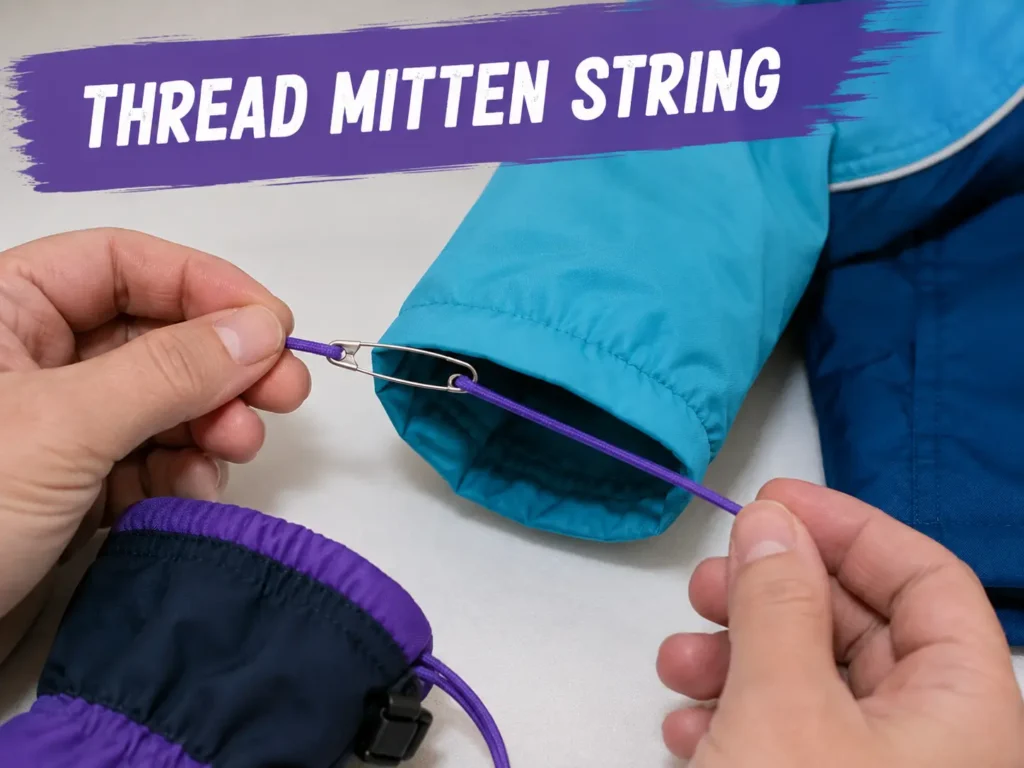 Threading a mitten string through a jacket sleeve