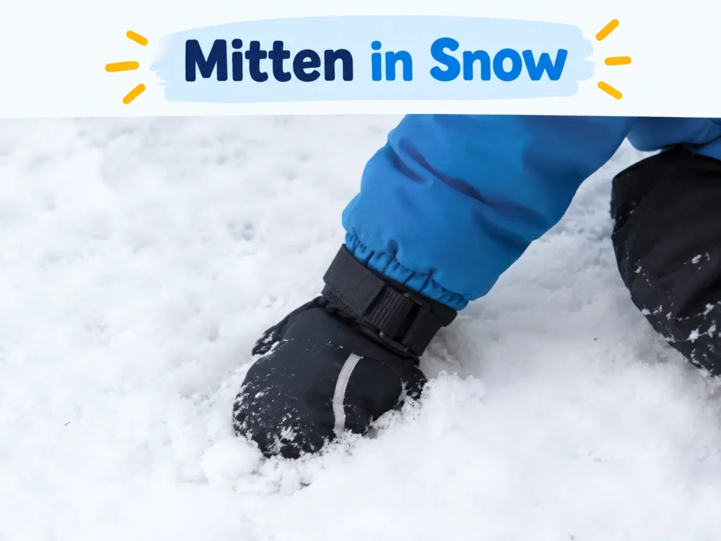 Toddler mitten palm-down in snow during a fall
