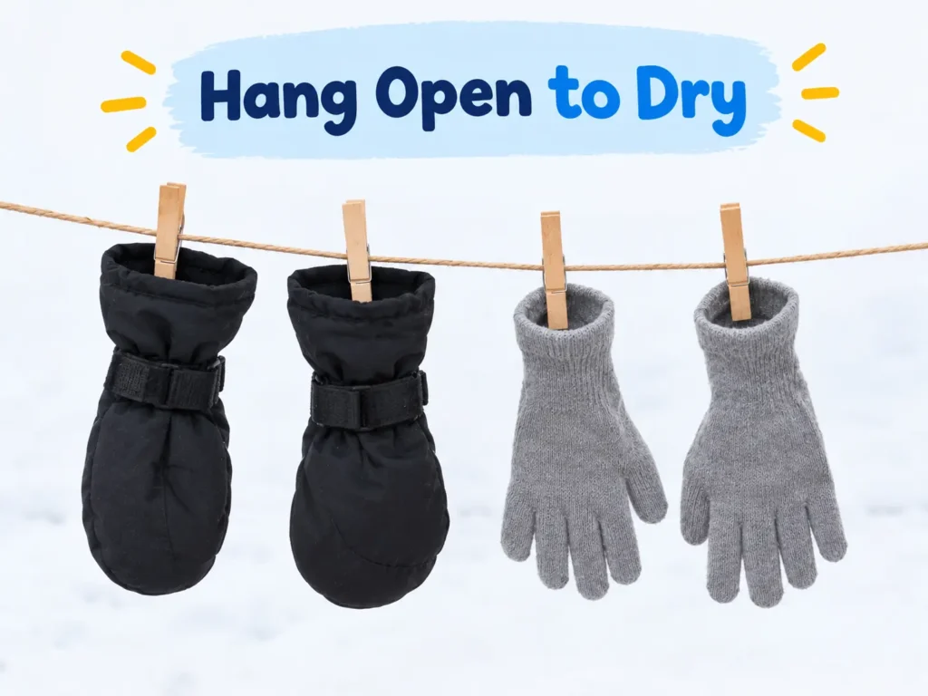 Toddler mittens and liners hung open to dry