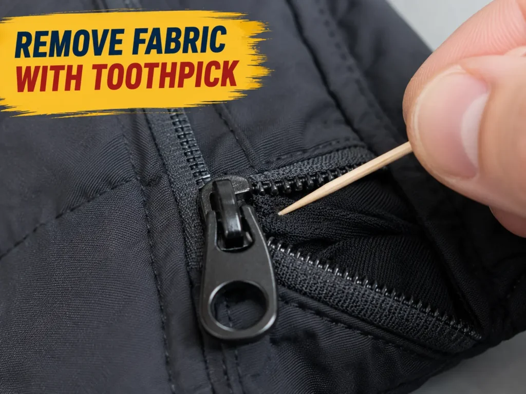Toothpick removing fabric from zipper slider