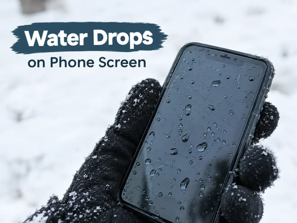 Water droplets on a phone screen in snow