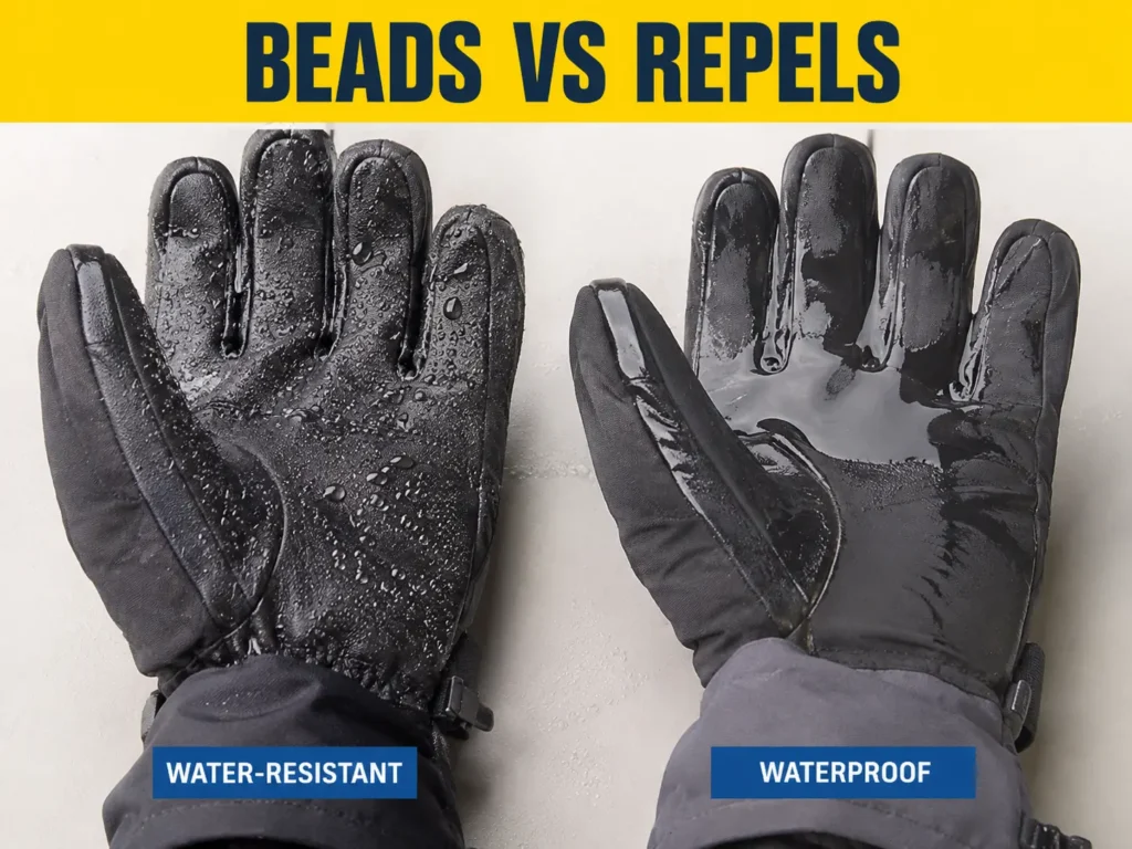 Waterproof vs water-resistant ski gloves — water beading on one palm versus fully repelled on the other