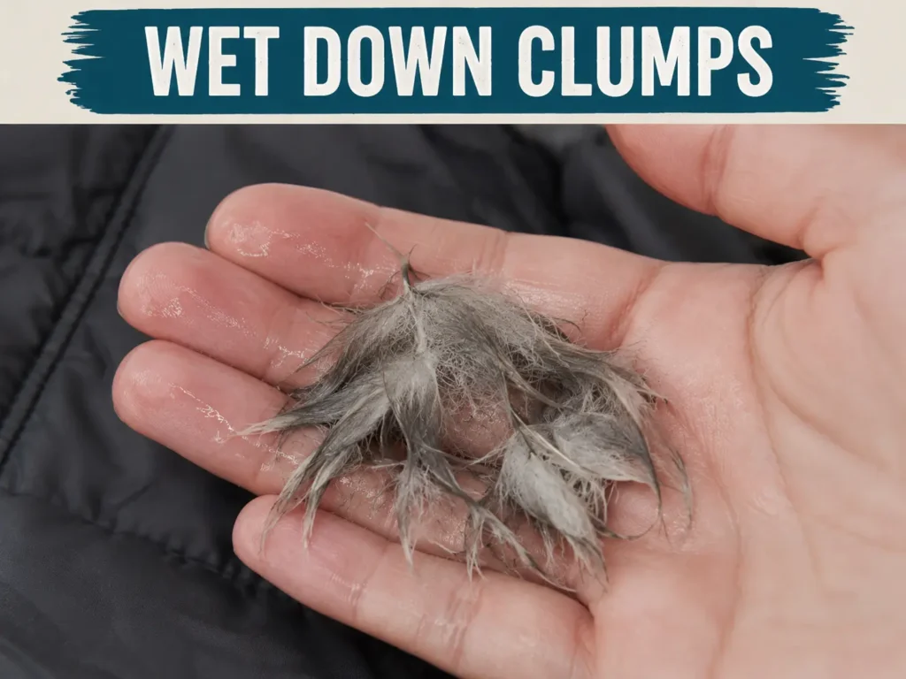 Wet down feathers clumped and flattened