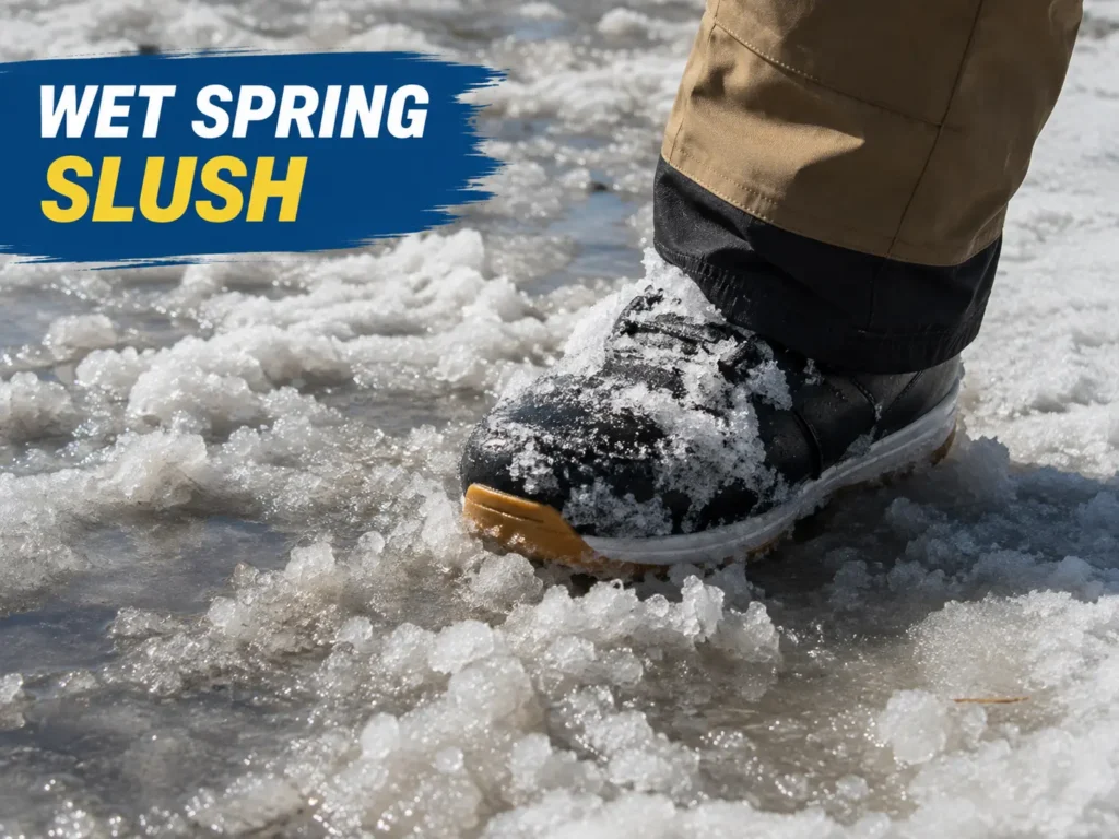 Wet spring slush snow conditions