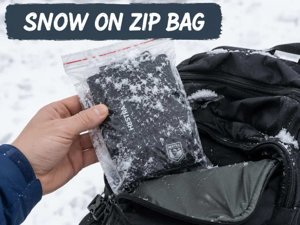 Zip bag with snow on it from a pack pocket