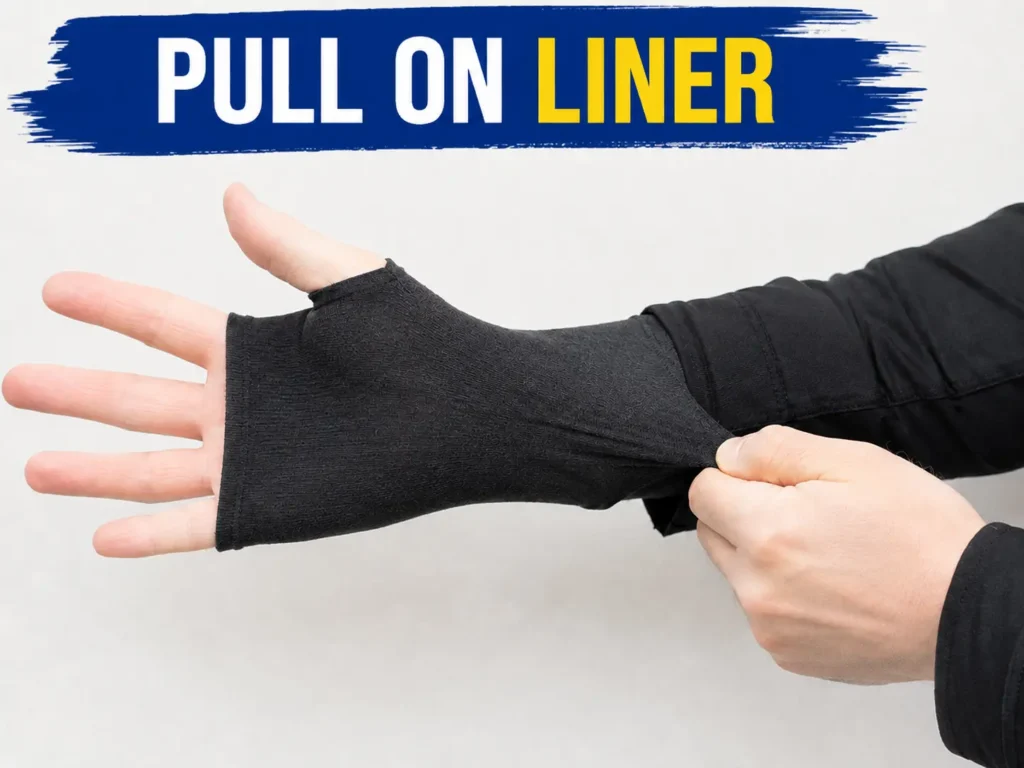 hand pulling on a thin merino wool liner glove