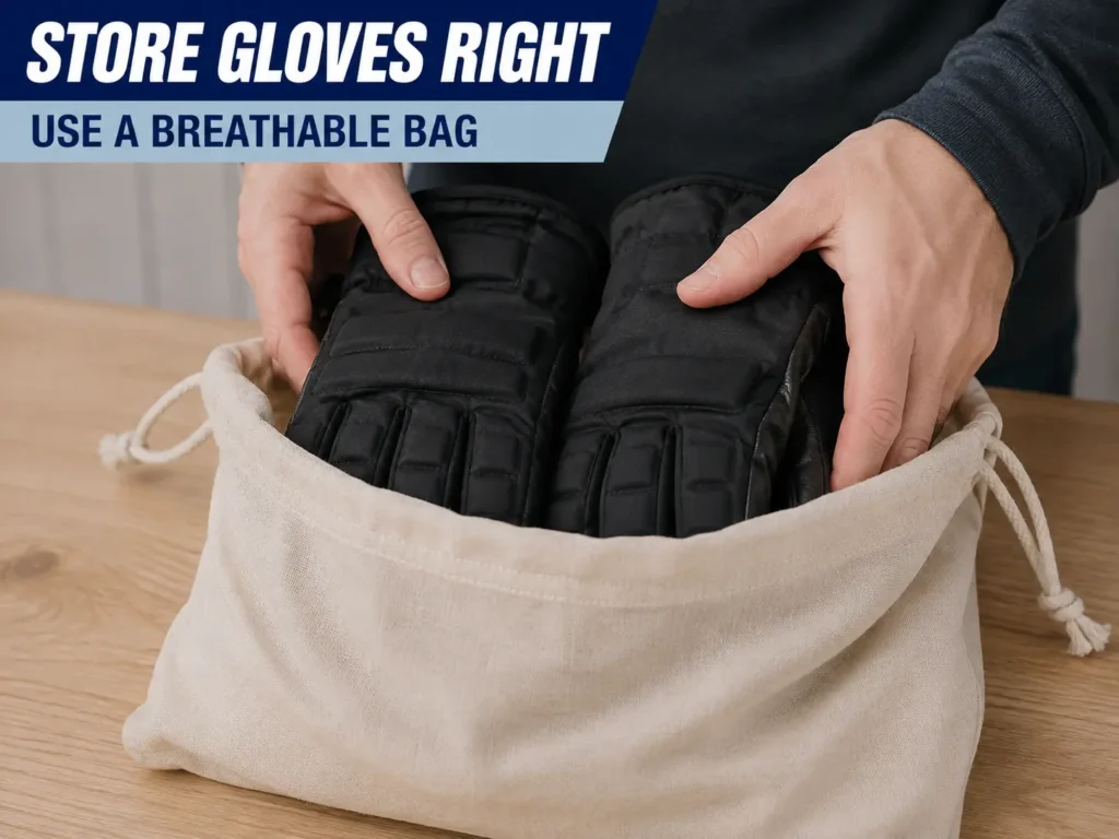 how to store ski gloves — pair placed in a breathable fabric storage bag