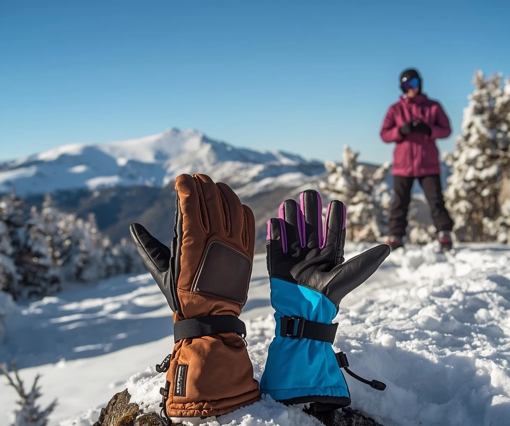 Leather vs Synthetic Ski Gloves on a snowy mountain