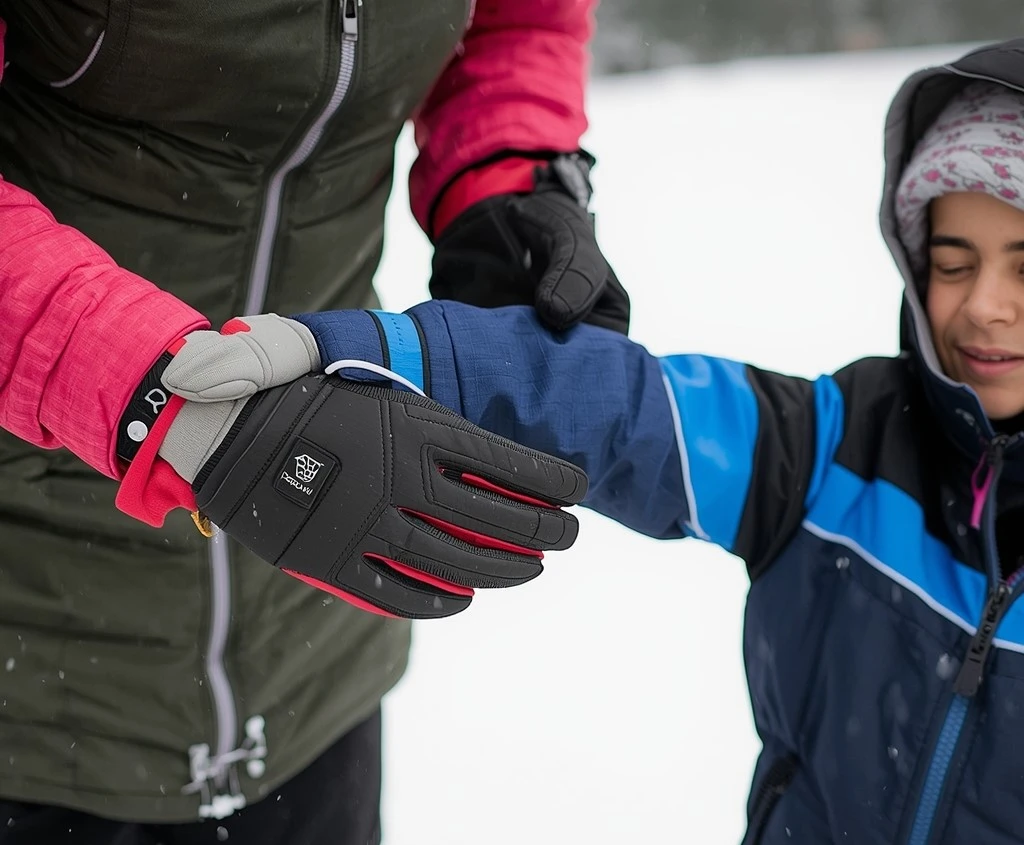 A parent showing how to keep toddler ski gloves dry by adjusting a long gauntlet cuff over a winter jacket sleeve in the snow.