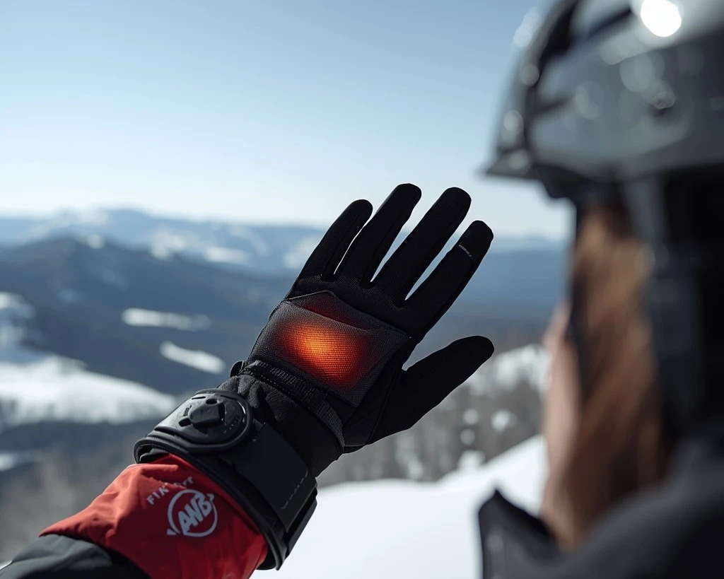 A person testing how do heated ski gloves work on mountain