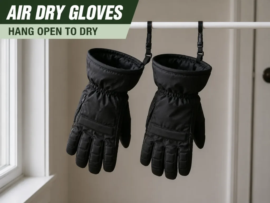 ski gloves hanging open to air dry before storage