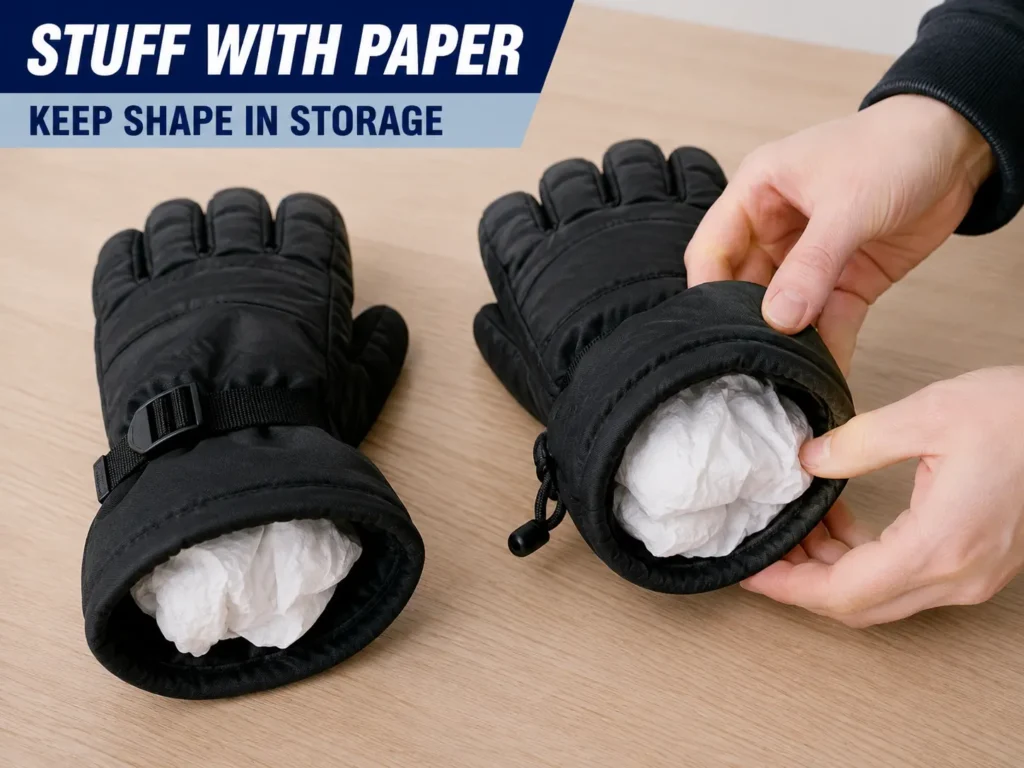 ski gloves stuffed with paper to preserve shape in storage