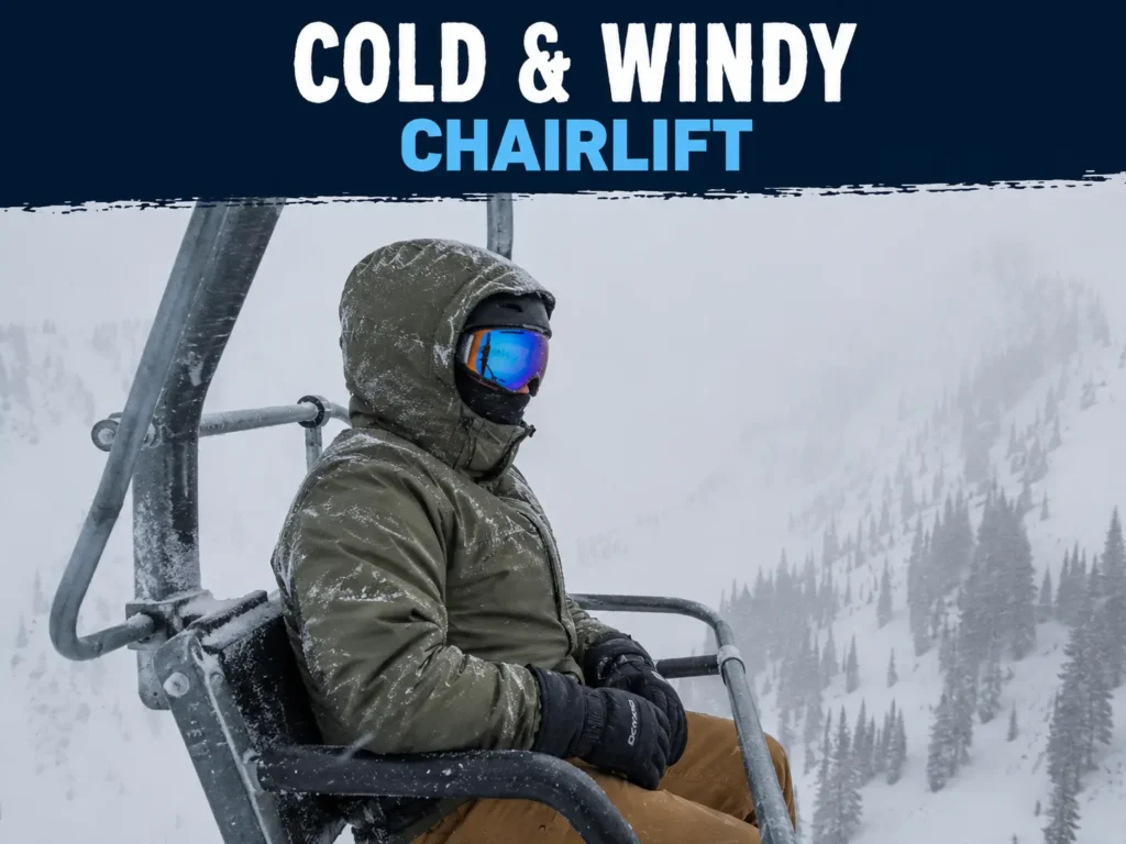 skier on an exposed chairlift in cold, windy weather