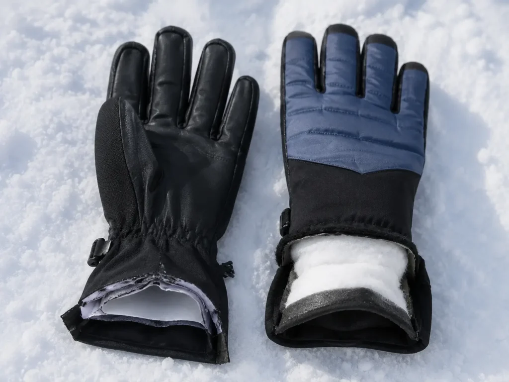 Breathable vs insulated ski gloves — two glove types laid side by side showing construction difference