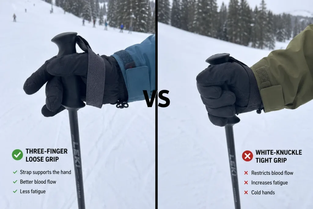 Demonstrating a loose pole grip to prevent blood flow restriction in the fingers