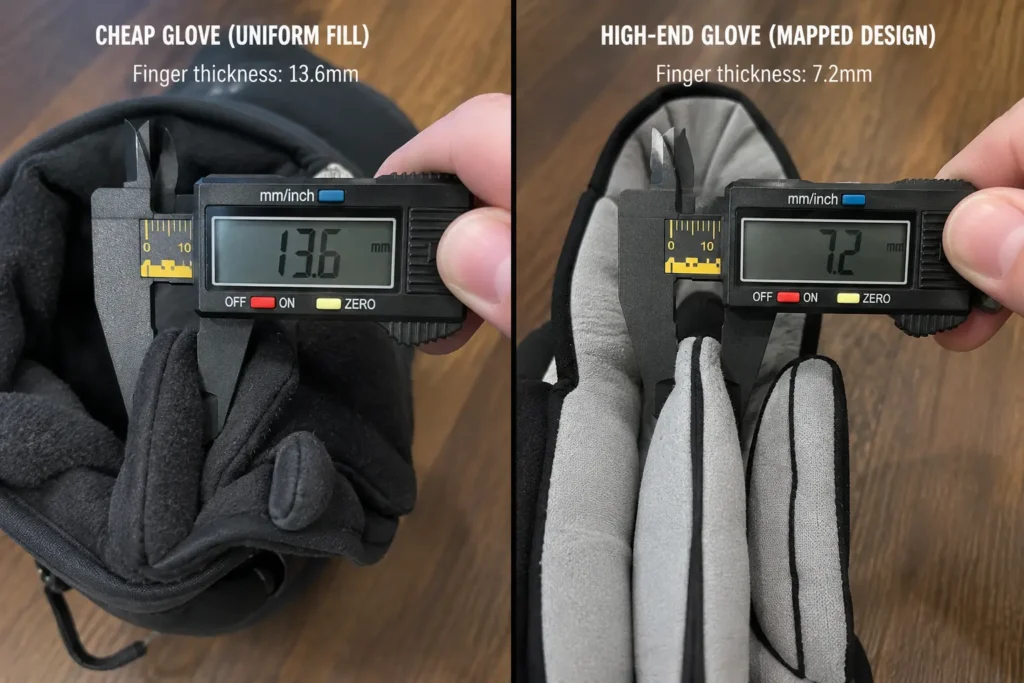 Measuring internal finger space to see why do ski gloves feel so bulky with uniform fill