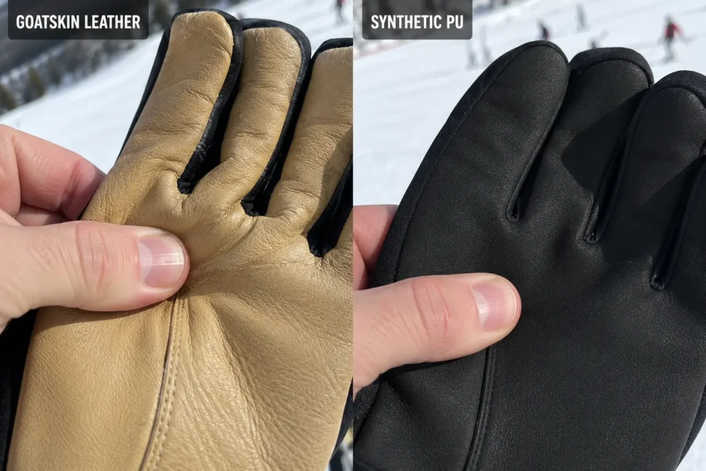 Checking palm material flexibility to determine why do ski gloves feel so bulky in cold weather