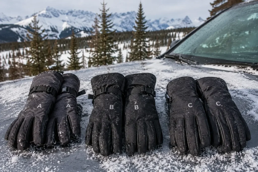 Testing three pairs of conventional and eco-friendly ski gloves side-by-side on the mountain