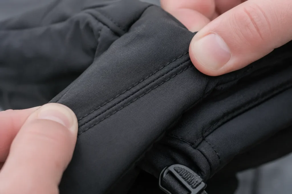Checking the double-stitched seams on an eco-friendly ski glove for long-term durability