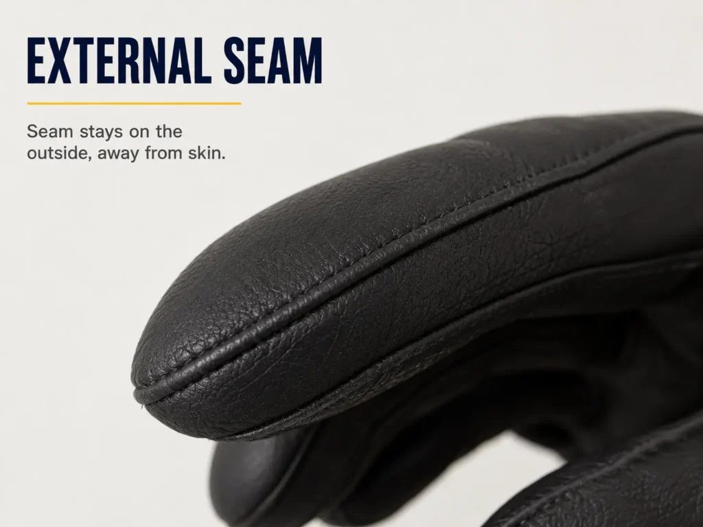 External seam construction on a ski glove finger, away from skin contact