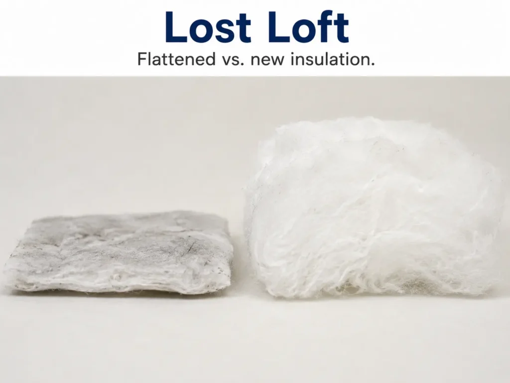 Compressed ski glove insulation compared to new, fully lofted insulation