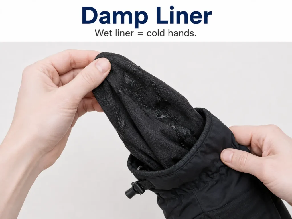 Why ski gloves lose warmth shown by a damp liner pulled from the glove shell