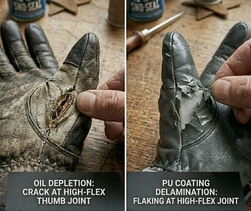 Close-up of oil depletion cracking at the thumb joint of a leather ski glove.
Close-up of polyurethane coating delaminating and flaking off a synthetic ski glove.