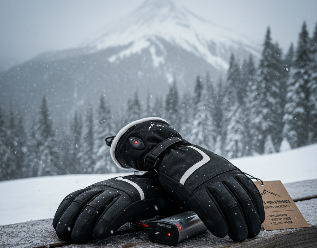 Pair of heated ski gloves with a battery pack on a snowy wooden table with a mountain backdrop.