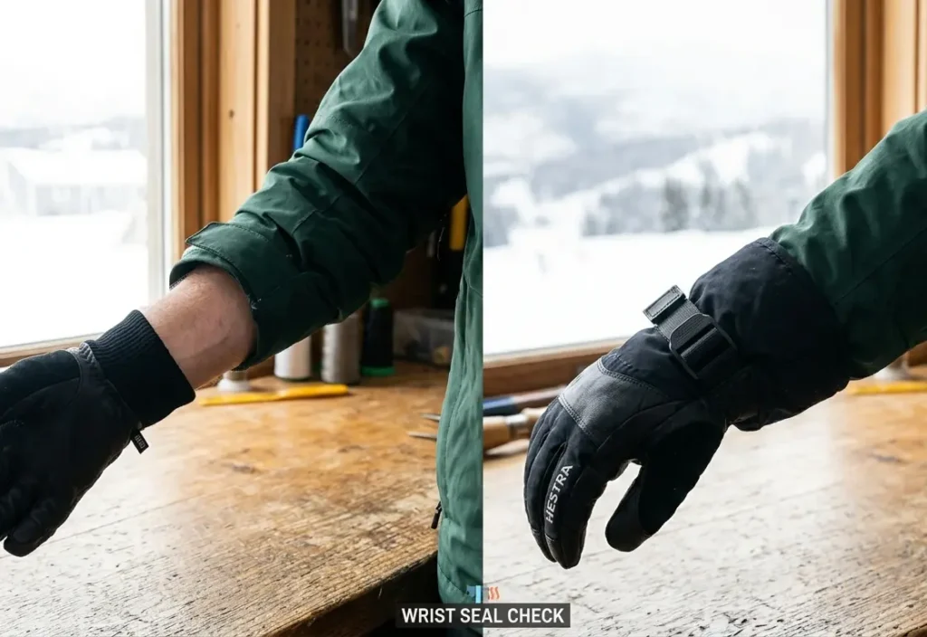 Comparing an exposed wrist gap to a properly sealed gauntlet cuff over a ski jacket