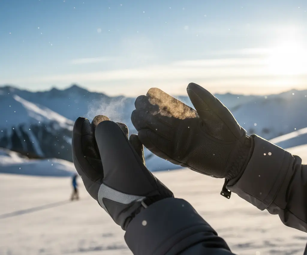 Skier demonstrating how to avoid sweaty hands when skiing
