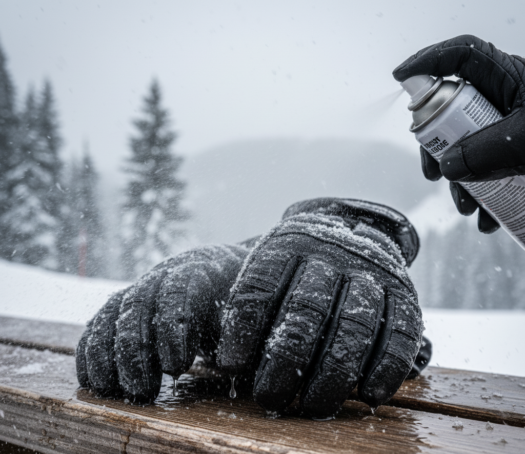 Applying waterproof spray to wet ski gloves