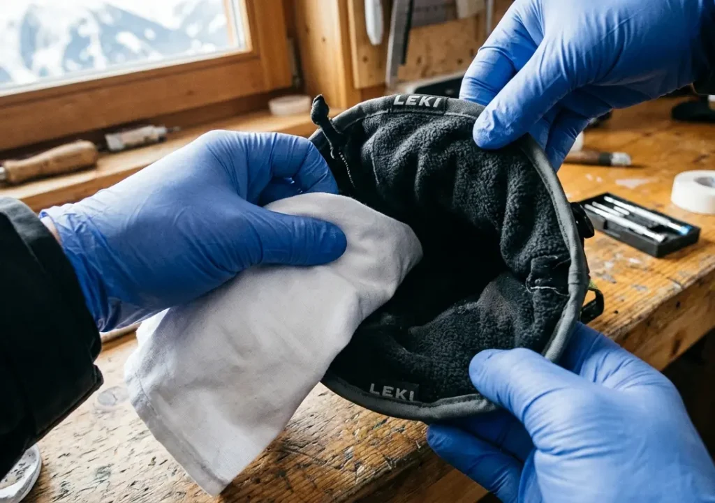 Performing a dry cloth press test inside a ski glove to check for interior sweat accumulation