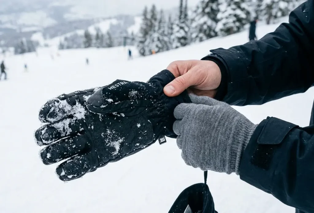 Removing an outer ski glove to show a merino wool liner used to wick sweat and boost warmth
