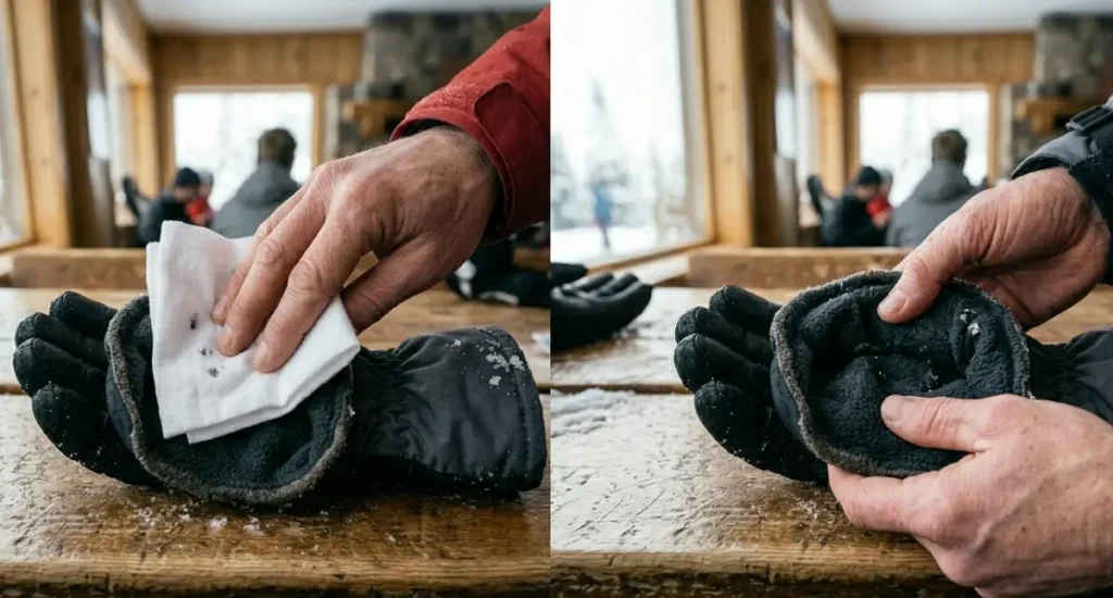Performing a press test with a dry cloth inside a ski glove to check for internal moisture