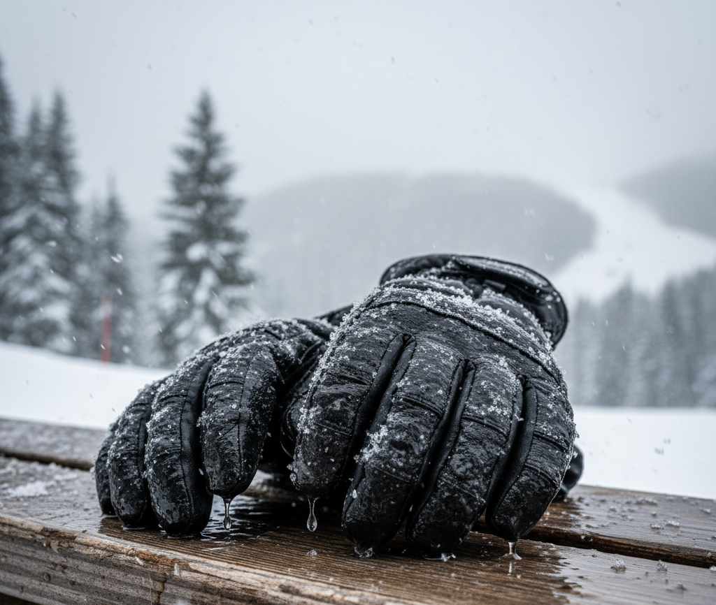 Ski gloves get wet after skiing in heavy snow