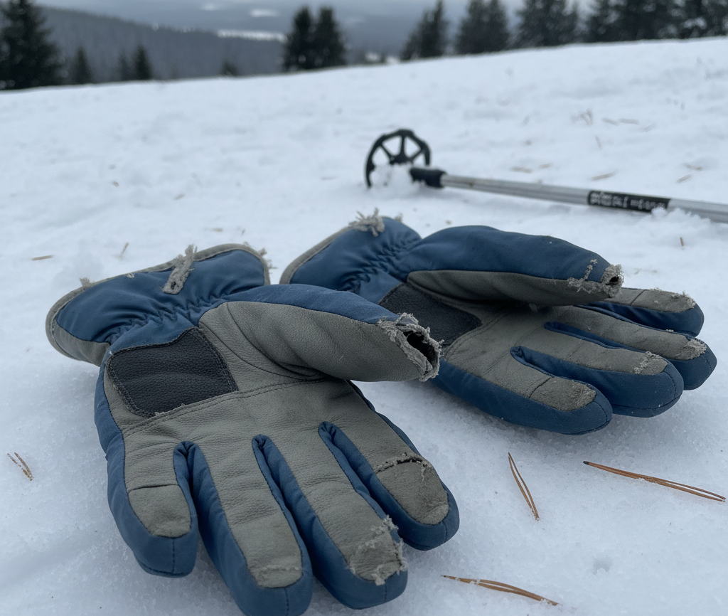 Cheap ski gloves on snowy slope showing wear and tear