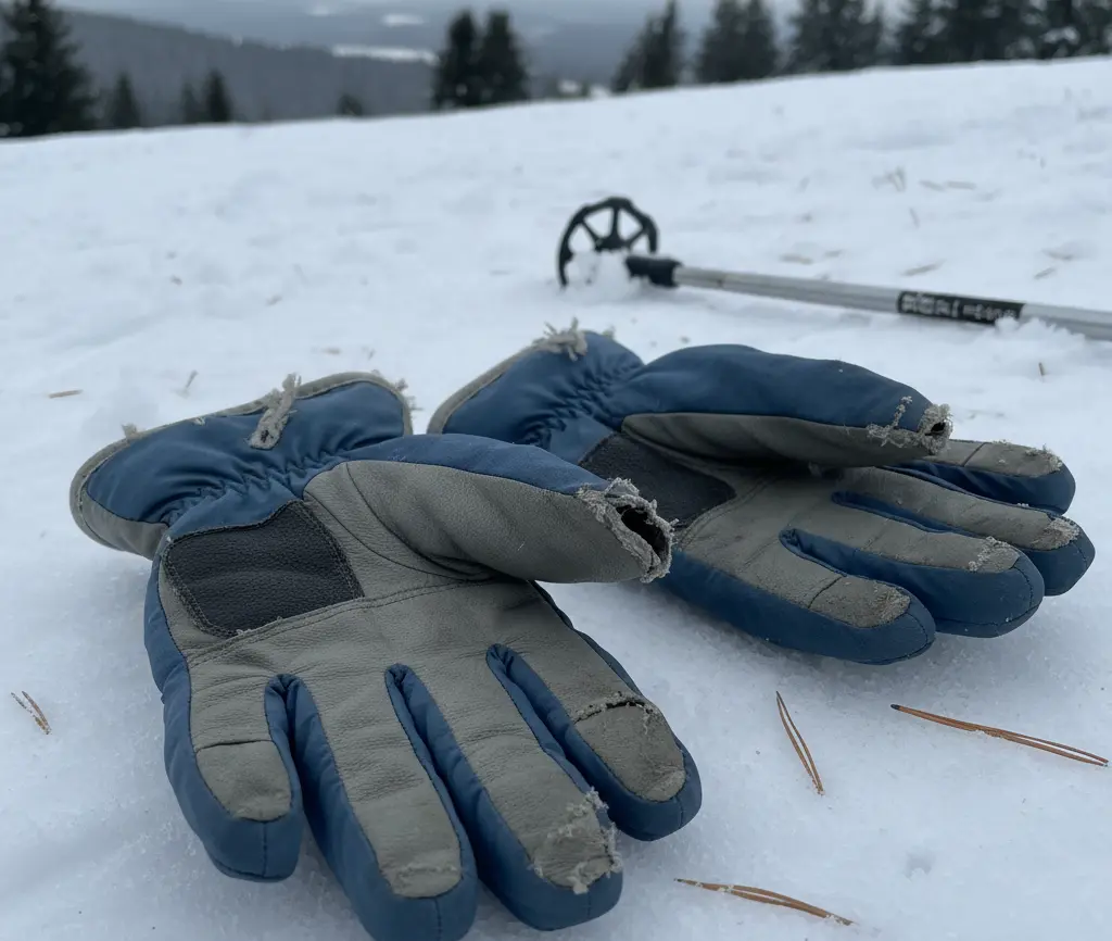 A torn seam on a budget winter glove demonstrating why cheap ski gloves don't last long