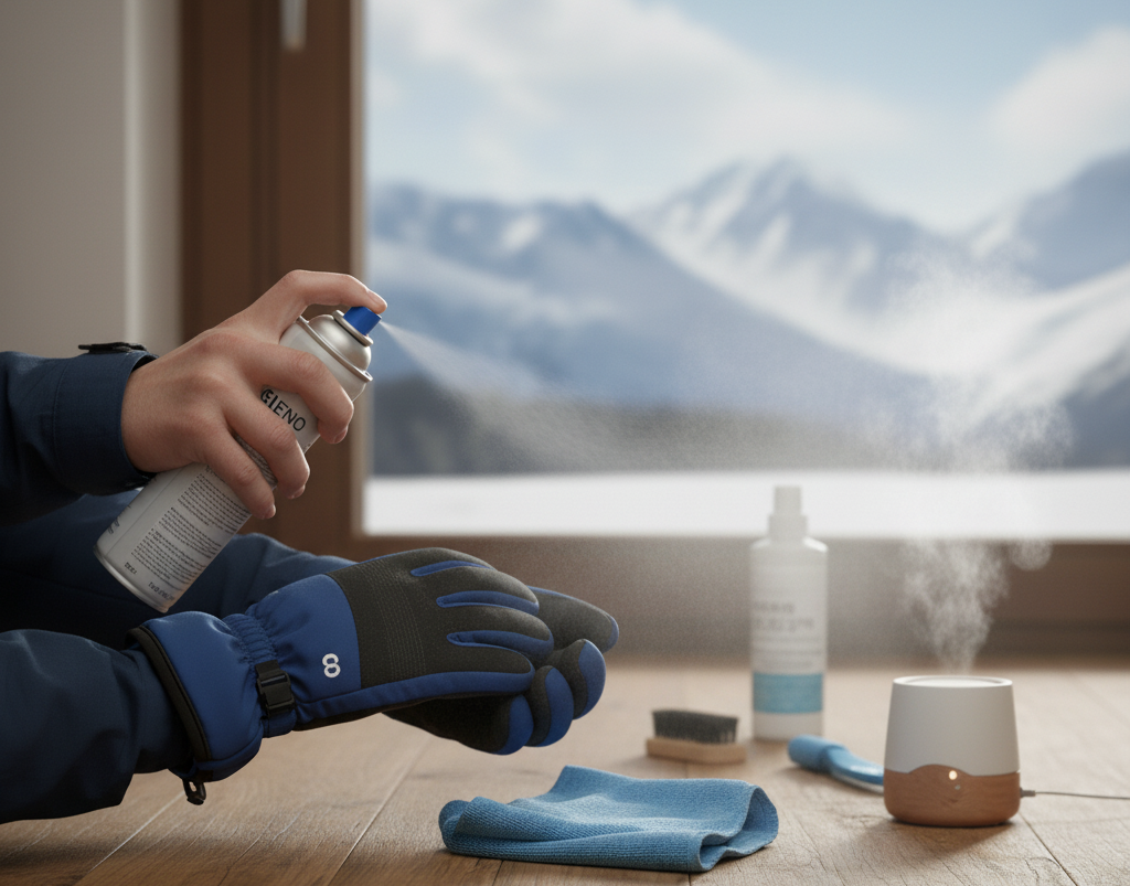 reapplying waterproof spray to ski gloves