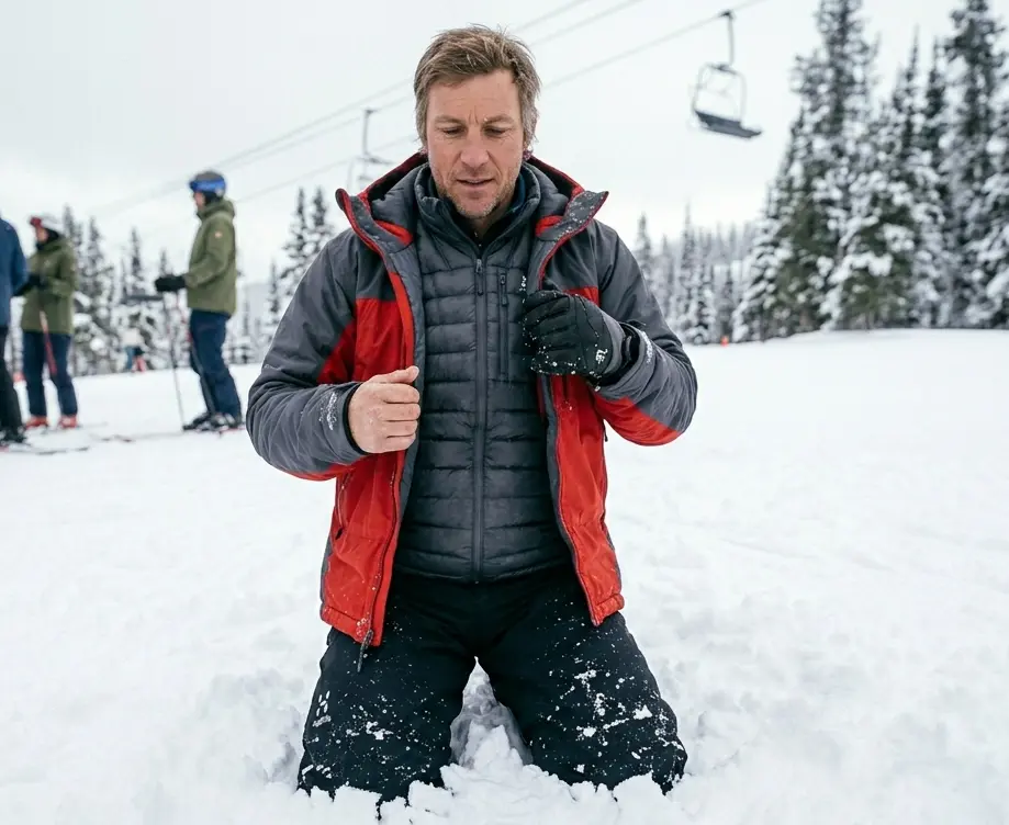 A skier showing their insulated mid-layer to maintain core body temperature