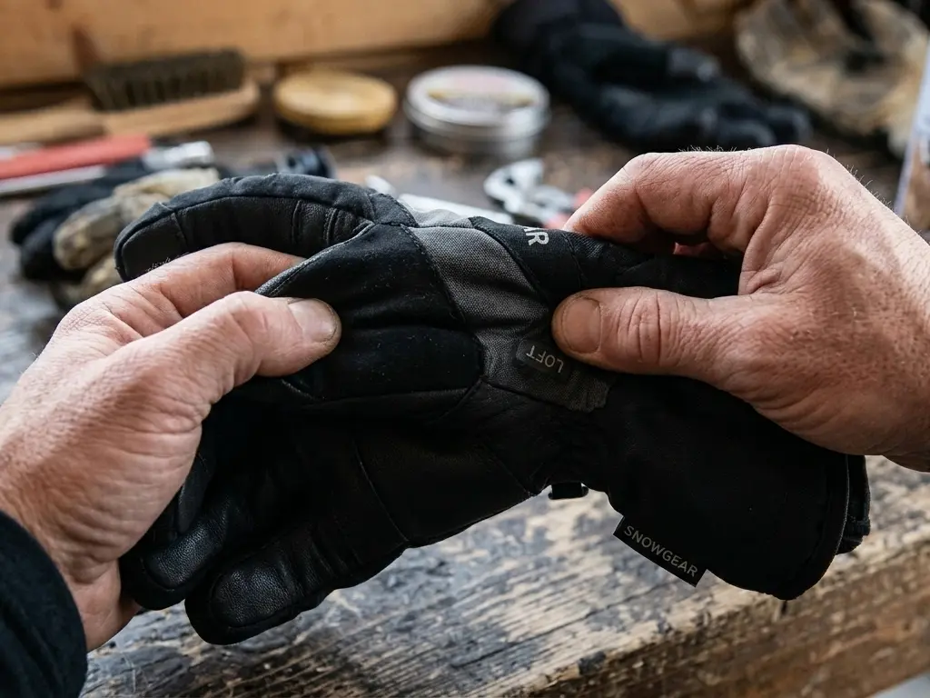 Performing an insulation loft squeeze test to check the health of a ski glove's inner materials