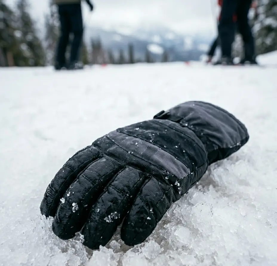 A saturated ski glove showing failed DWR waterproofing in wet snow
