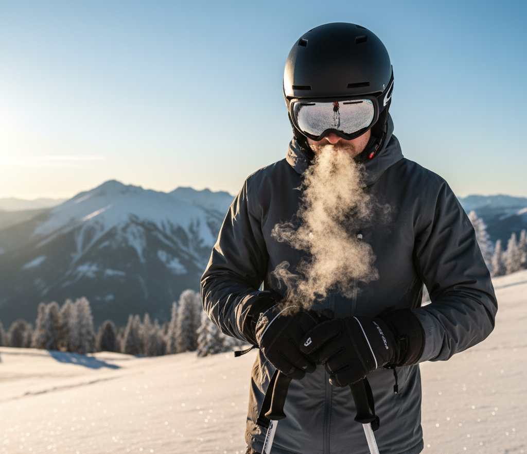 Skier adjusting gloves during a cold mountain morning with visible breath vapor