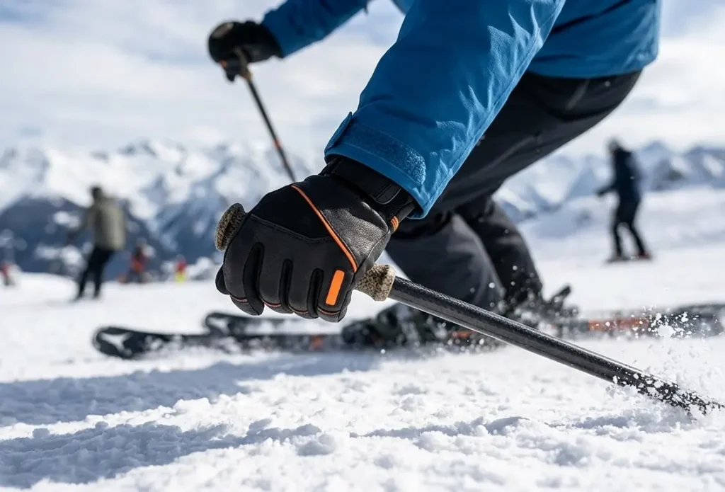  Demonstrating full wrist mobility during a pole plant with a short cuff ski glove.