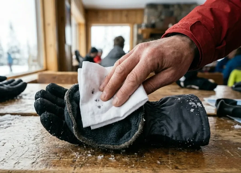  Pressing a dry white cloth into a ski glove lining to test for hidden moisture and hand sweat